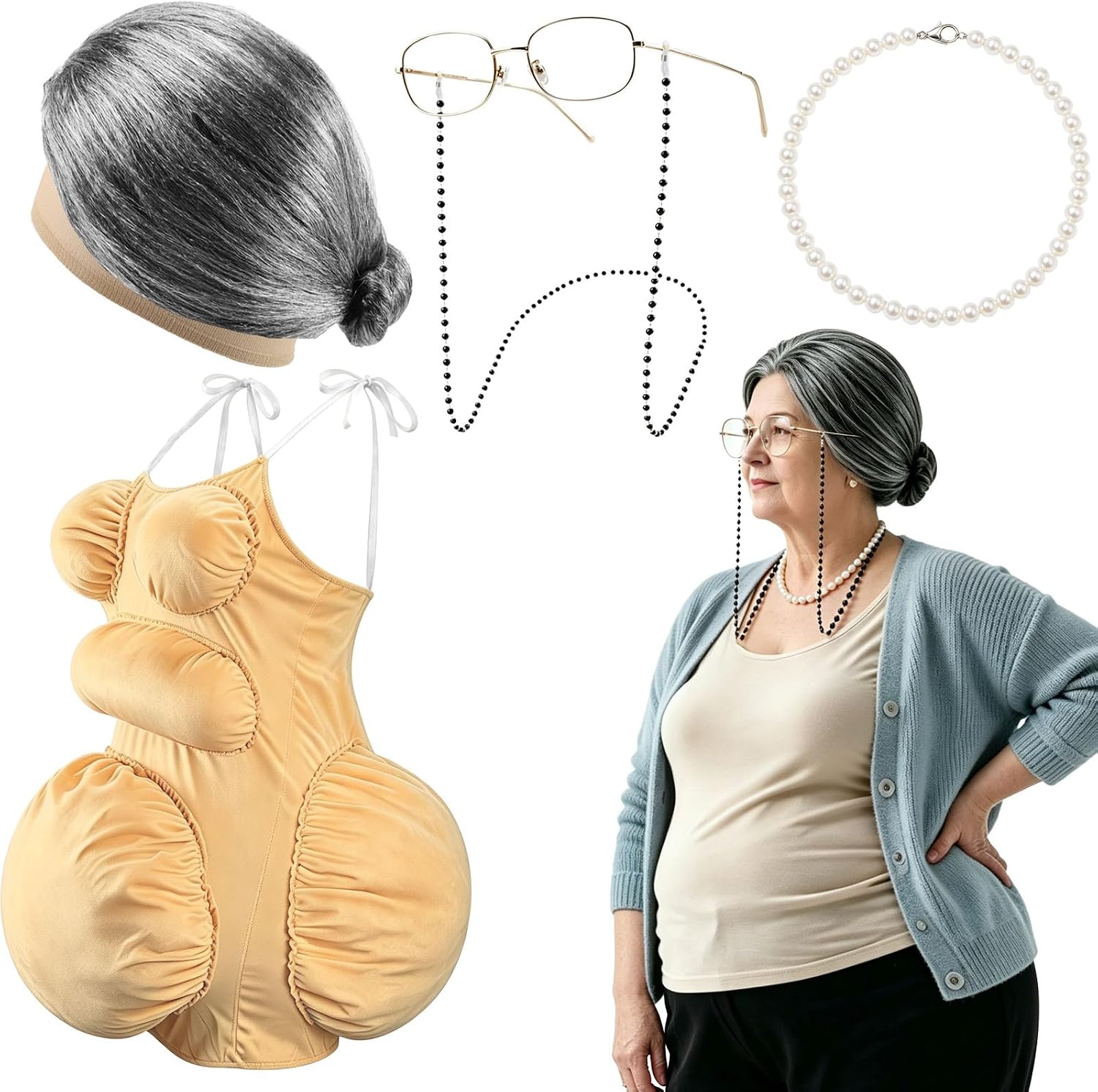 Fat Old Lady Costume Set Fake  - Pearl Necklace 评论和价格