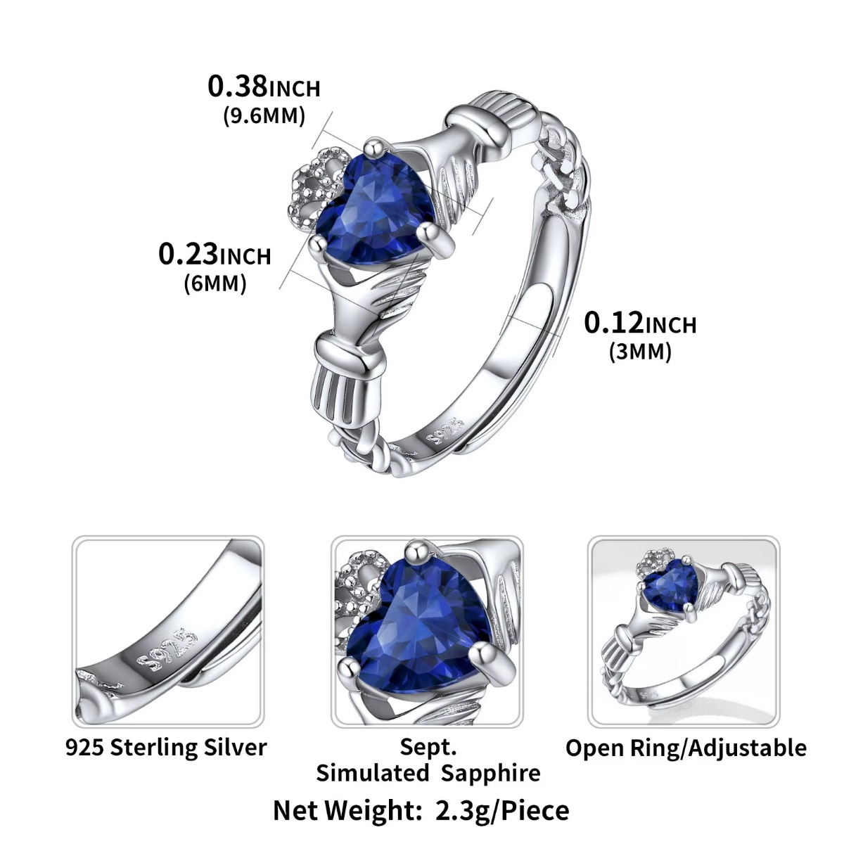 U7 3mm 925 Silver Claddagh Rin - Birthstone Ring Set 评论和价格