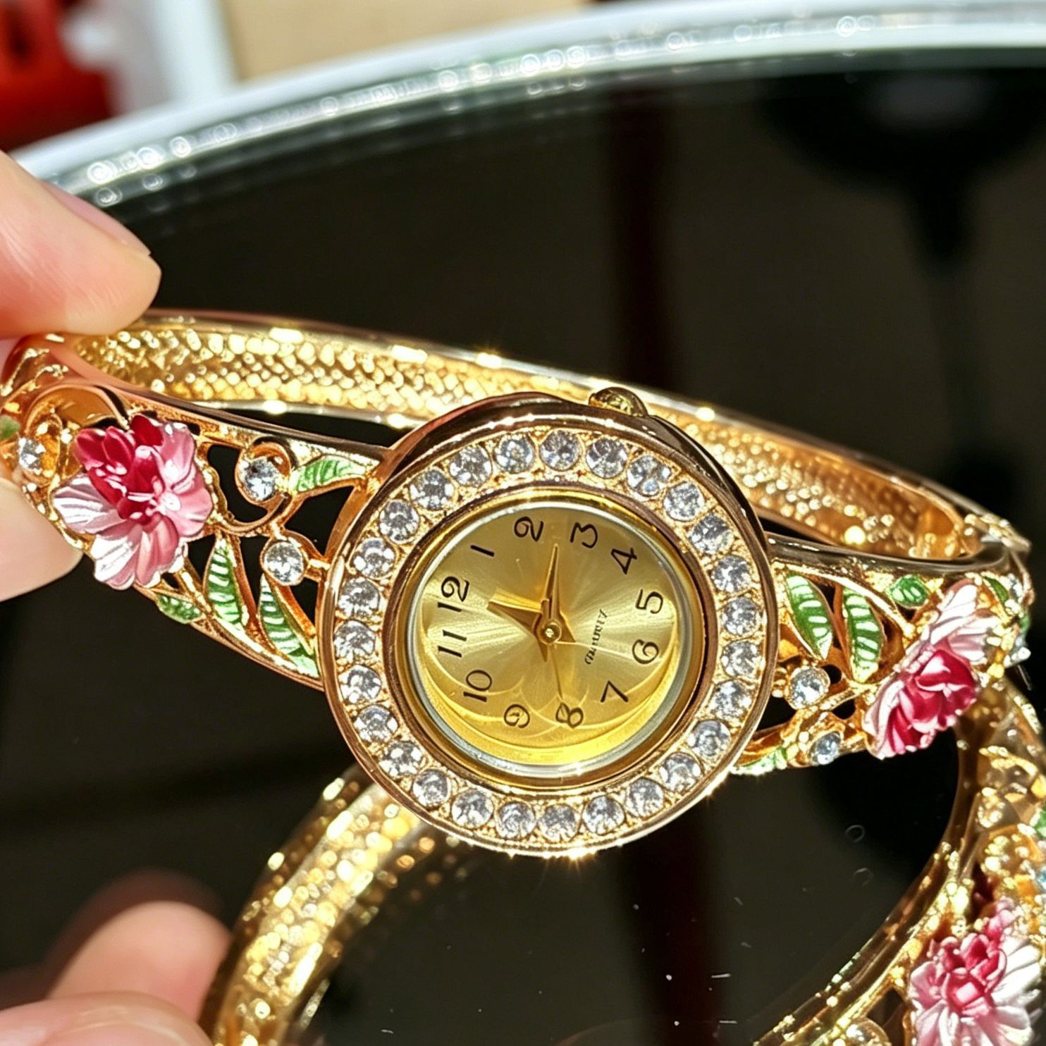 Vintage Gold Enamel Flower Wri - Vintage Jewelry Watches Women 评论和价格