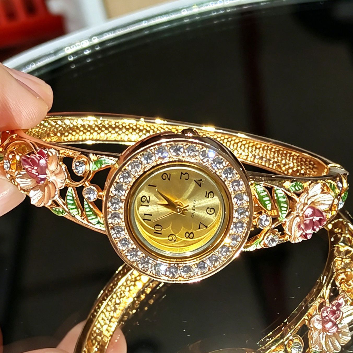 Vintage Gold Enamel Flower Wri - Vintage Jewelry Watches Women 评论和价格